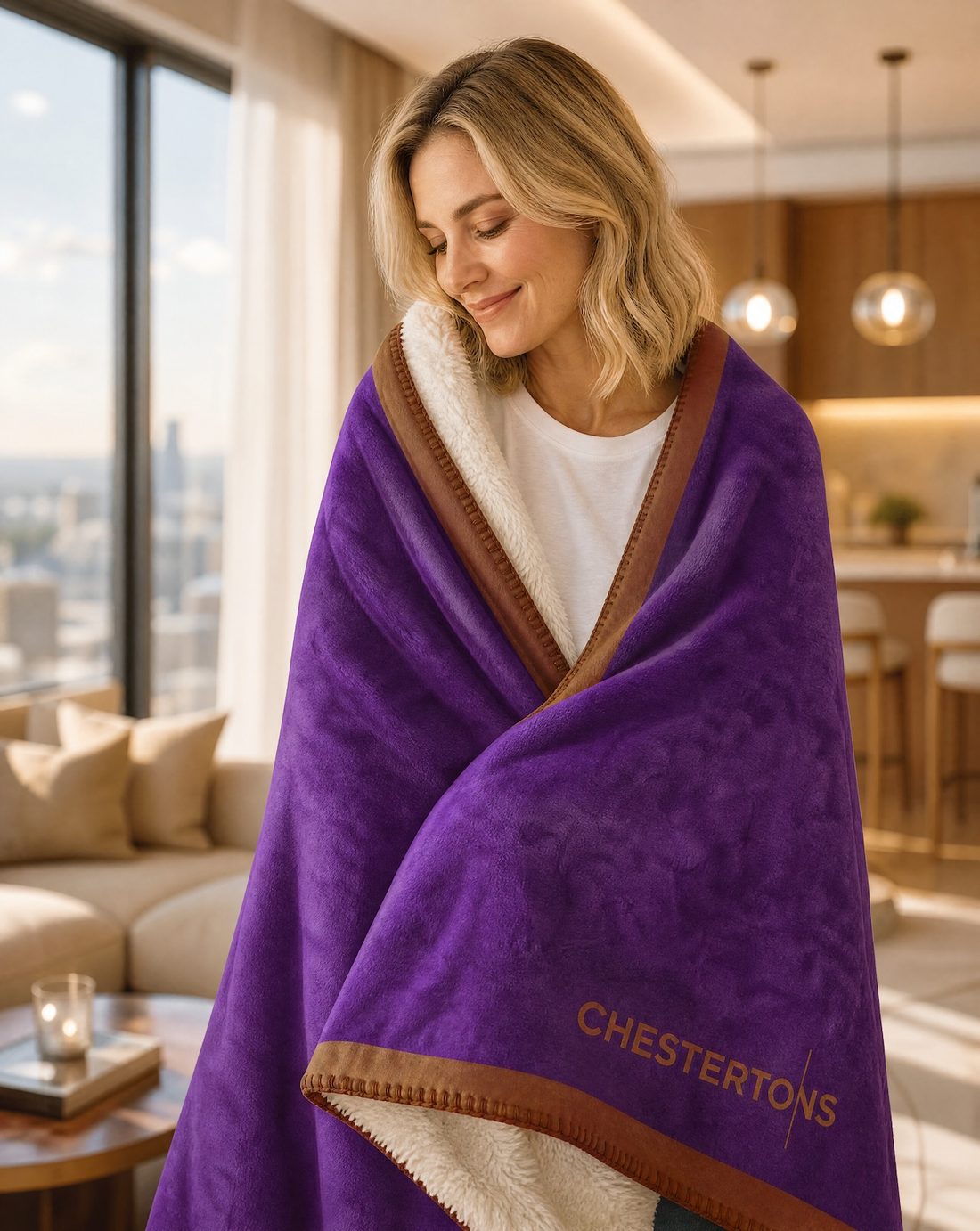 Woman wrapped in the blanket in a bright penthouse living room